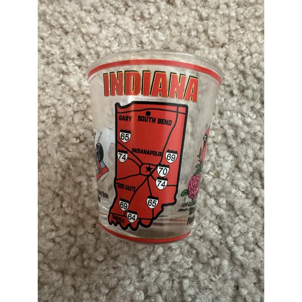 Indiana Souvenir Shot Glass Map State Highways Red Vintage Collectible Barware